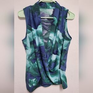 Sleeveless Green & Blue Draped V-Neck Women’s Top